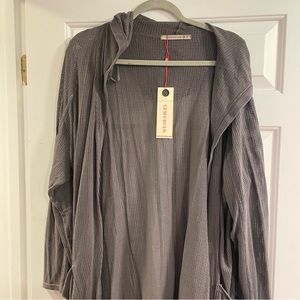 Wearables Hooded Perforated Longline Open Sweater Gray Size 1X